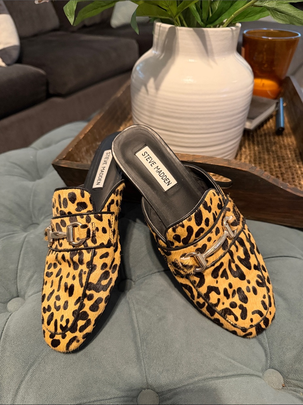 Steve Madden Leopard Print Mule Loafers - Tan/Black